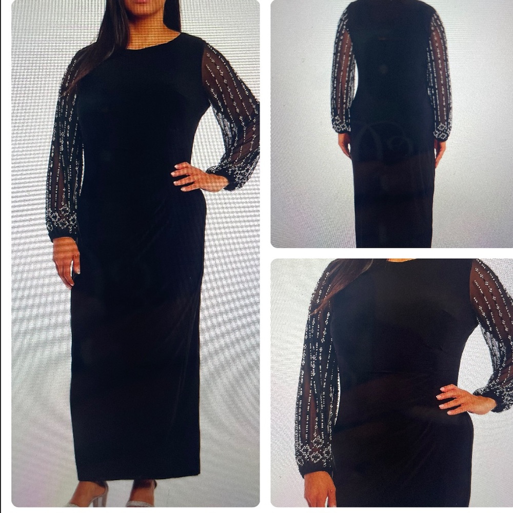 Marina plus size boat neck long beaded sleeve with back slit